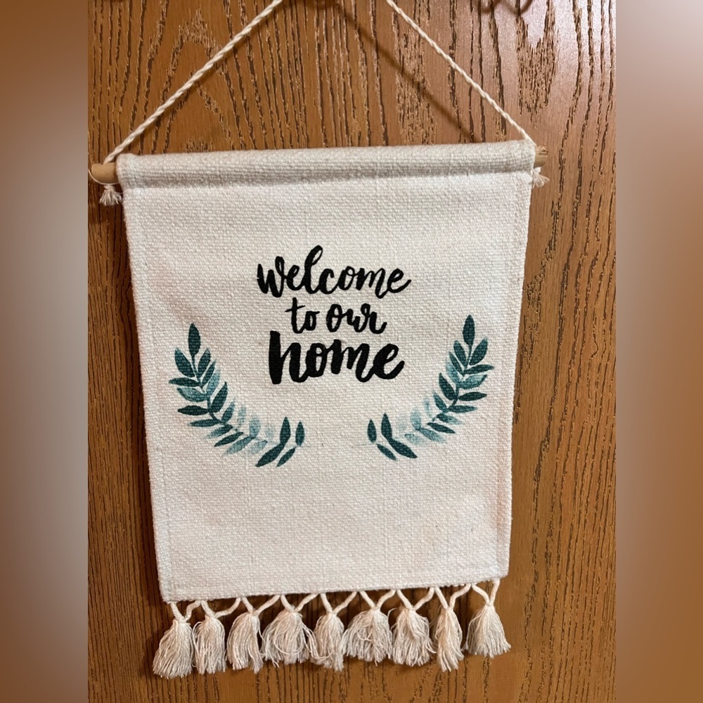 Welcome to Our Home Woven Wall Hanging Banner Tassel Fringe Boho Farmhouse Decor